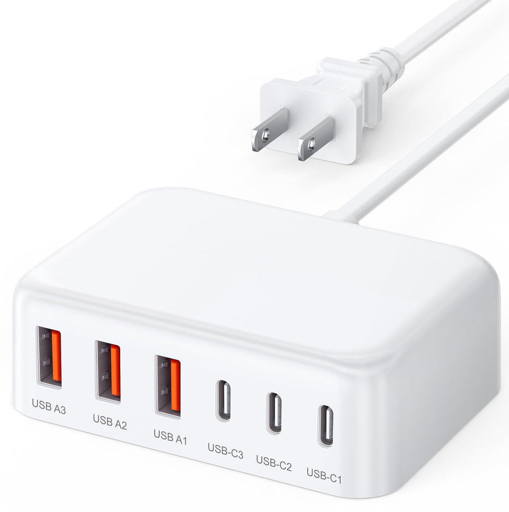 [Australia - AusPower] - USB C Charger Block, 100W GaN 6 Port PD USB C and QC USB A Wall Charger Adapter Plug Cube, Super Fast Type C Charging Station Hub for iPhone 15 14 13 12 Pro Max iPad Samsung Pixel 5ft Extension Cord A-White 3 USB-C & 3 USB-A 