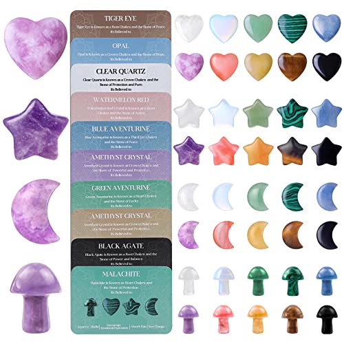 40 PCs Crystal Heart Moon Star Mushroom Shaped Natural Healing Worry Stones Bulk Polished Love Gemstones Handmade Pocket Set Bulk Balancing Meditation Mother's Day Christmas Gift 40pcs