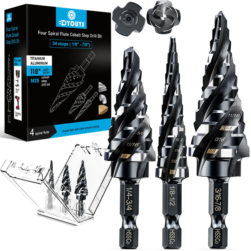 M35 Four Spiral Flute Step Drill Bit Set 1/8"-7/8"(3 pcs), 1/4" Hex Shank Unibit Step Drill bit, Impact Resistant M35 Cobalt Step Drill Bit, for Stainless Steel, Wood, Aluminum, Plastic Spiral 1/8"-7/8"