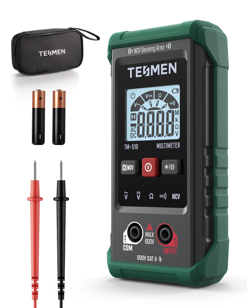 [Australia - AusPower] - TM-510 Digital Multimeter, 4000 Counts, Smart Measurement, Auto-Ranging Voltmeter; Voltage Tester with Non-Contact Voltage Function, Measures AC/DC Voltage, Resistance, Continuity – Green TM-510 Smart Digital Multimeter 