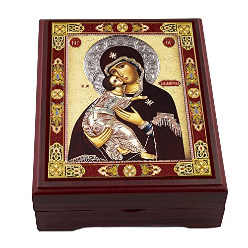 Needzo Rosary Box Madonna Icon Box Virgin Mary Of Vladimir Box for Prayer Beads Jewelry Madonna and Christ Wooden Keepsake Holder 5 Inch, Religious Gift