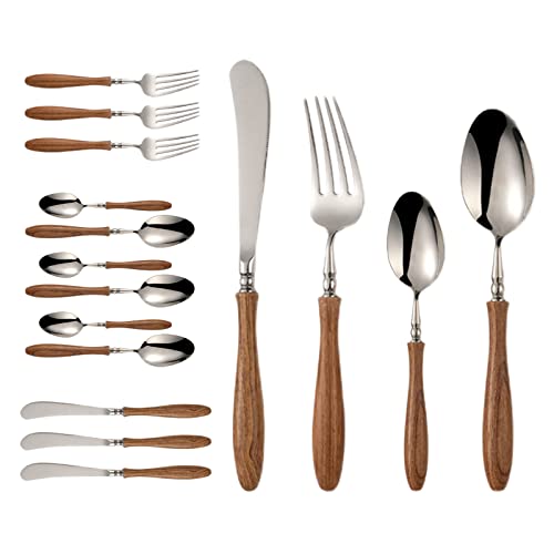 16 PCS Stainless Steel Flatware Set with Wood Handle, Family Cutlery Set for 4, Dinnerware Set with Spoon Fork Knife, PearWood Handle Silverware Utensils, Mirror Polished 16 pieces for 4