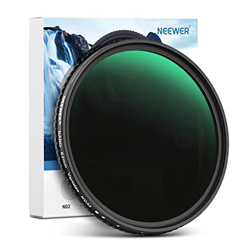 NEEWER 62mm HD Variable ND Filter ND2-ND32 (1-5 Stops) No X Cross/Optical Glass/30 Layer Nano Coated/Ultra Slim Aluminum Alloy Frame/Water Repellent/Anti Scratch Adjustable Neutral Density Filter HD ND2-ND32