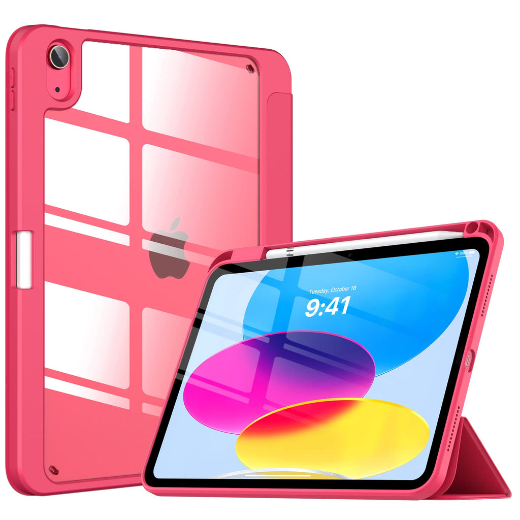 TiMOVO for iPad 10th Generation Case with Pencil Holder iPad 10.9 Inch Case 2022, iPad Case 10th Generation Hybrid Slim Tri-fold Stand Protective Cover with Clear Back for iPad 10, Watermelon Pink Watermelon Red