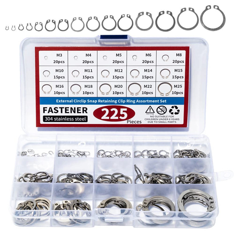 [Australia - AusPower] - 225Pcs External Retaining Rings Snap Rings Assortment Kit, 304 Stainless Steel External C-Clip Set, 15 Sizes Circlip Snap Rings M3 - M25… 225pcs C-clip stainless steels 