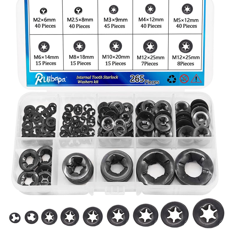 [Australia - AusPower] - Ruipaba 265PCS Internal Tooth Starlock Washers 9 Size Push On Locking Washers Speed Clips Fasteners Assortment Kit 9 sizes 