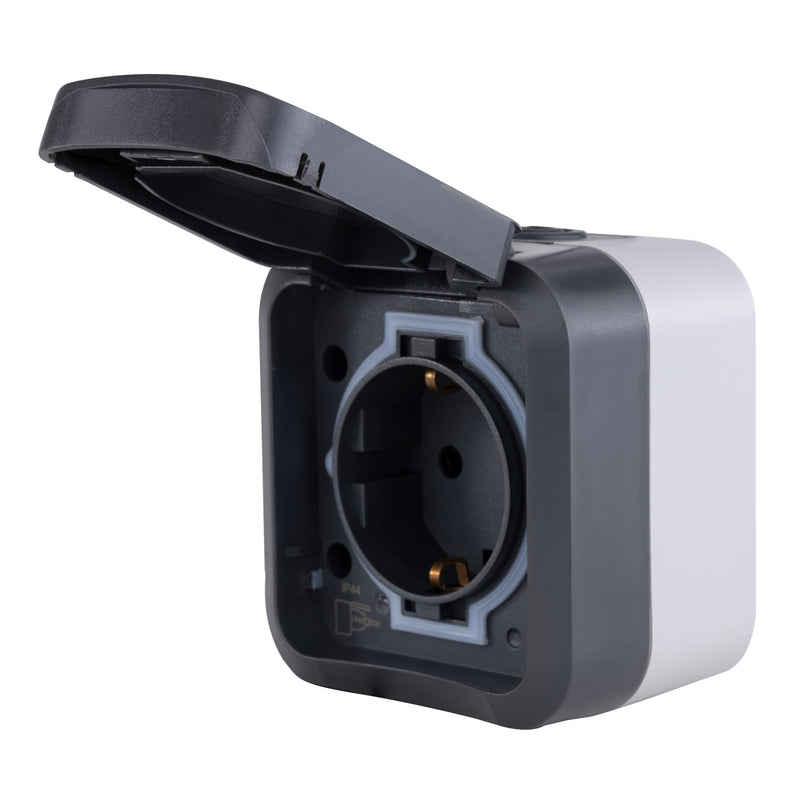 REV 0004030400 AquaStorm Socket for Wet Rooms, IP55 2-Pin, Surface-Mounted, Anthracite | Robust housing, two-pole, 230 V, 16 A, ideal for workshop, terrace and cellar 1 x socket