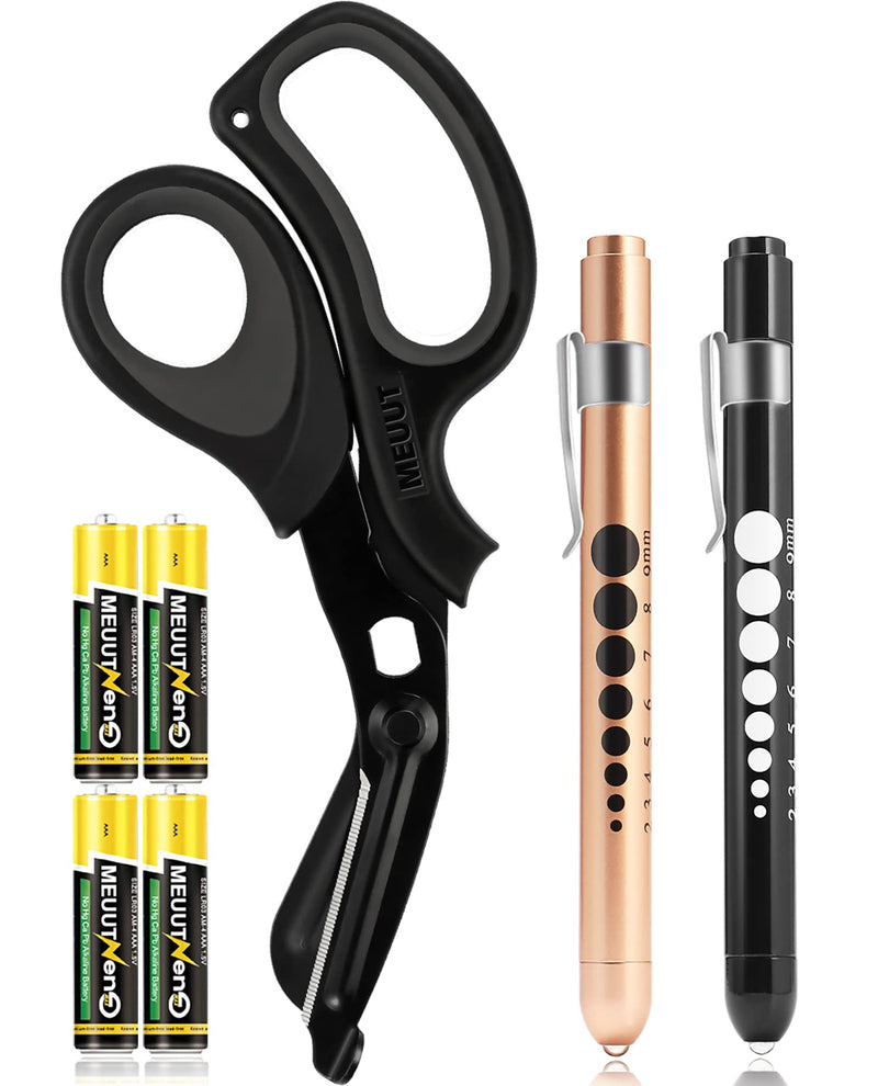 [Australia - AusPower] - MEUUT 3 Pack Medical Scissors and penlights for Nurses with Four Batteries-One 8" Patented Trauma Scissor Bandage Scissor Two LED Pen lights for Nurse Doctor EMT First Aid Black Scissor+black&gold Penlight 