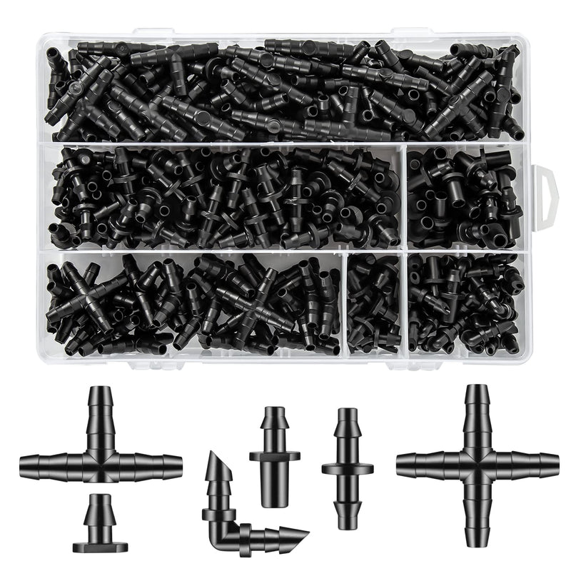 [Australia - AusPower] - 300 Pcs Barbed Connectors Drip Irrigation Fittings Kit, 1/4" Drip Irrigation Kit for Garden Flower Pot Greenhouse Lawn (Straight Barbs,Single Barbs,Tees,Elbows,End Plug,4-Way Coupling) 