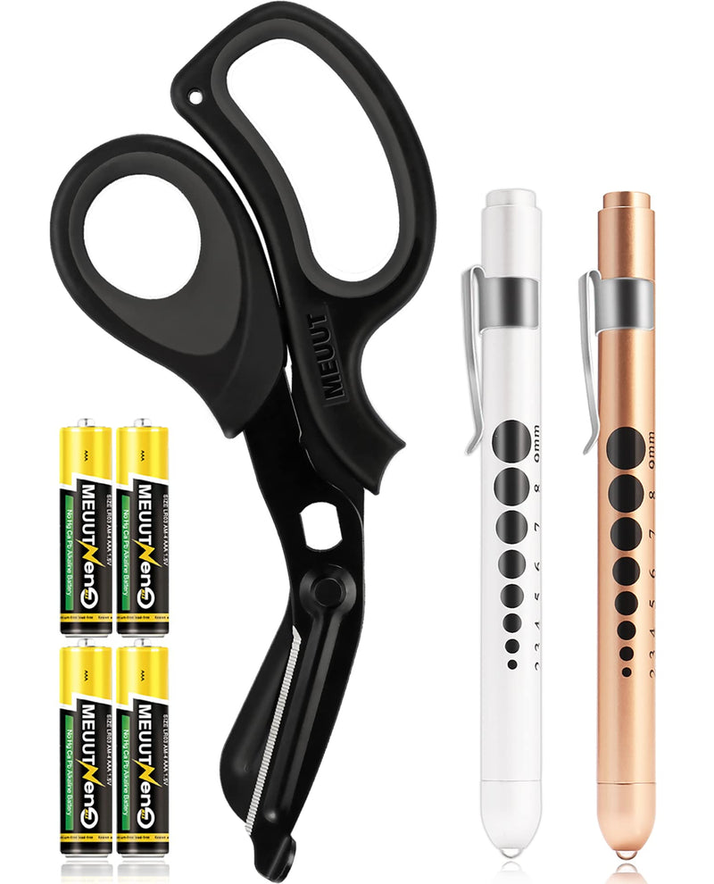 [Australia - AusPower] - MEUUT 3 Pack Medical Scissors and Penlights for Nurses Medical Supplies with Two Medical Pen lights Four Batteries, One 8 inches Ergonomical Bandage Scissors Trauma Shears for First Aid EMT Black Scissor+gold&white Penlight 