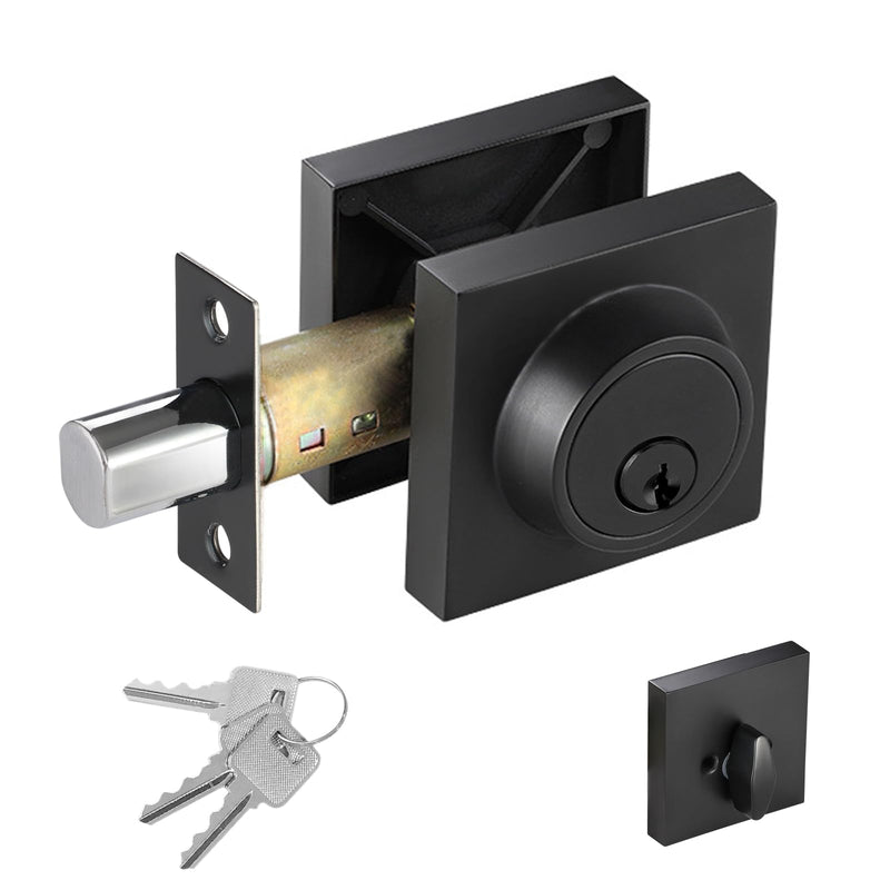 Square Single Cylinder Modern Deadbolt Lock with Keys, Matte Black Deadbolt for Front Door Entrance, Front Door Security Lock, Keyed 1 Side 1 Pack