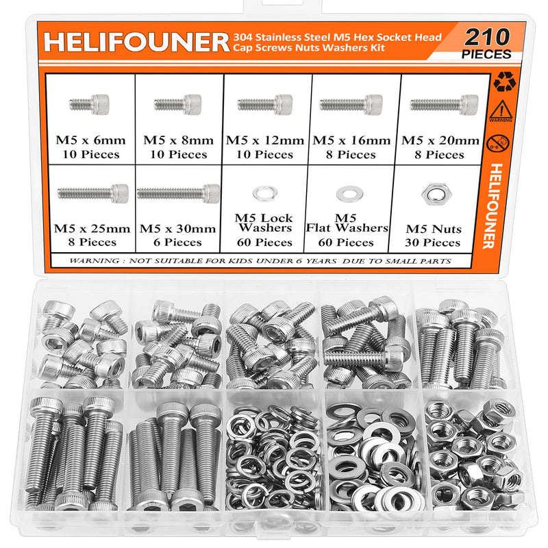 [Australia - AusPower] - 210 Pieces M5 x 6mm /8mm /12mm /16mm /20mm /25mm /30mm, Hex Socket Head Cap Screws Bolts Washers Nuts Kit, 304 Stainless Steel Socket Head Screws 