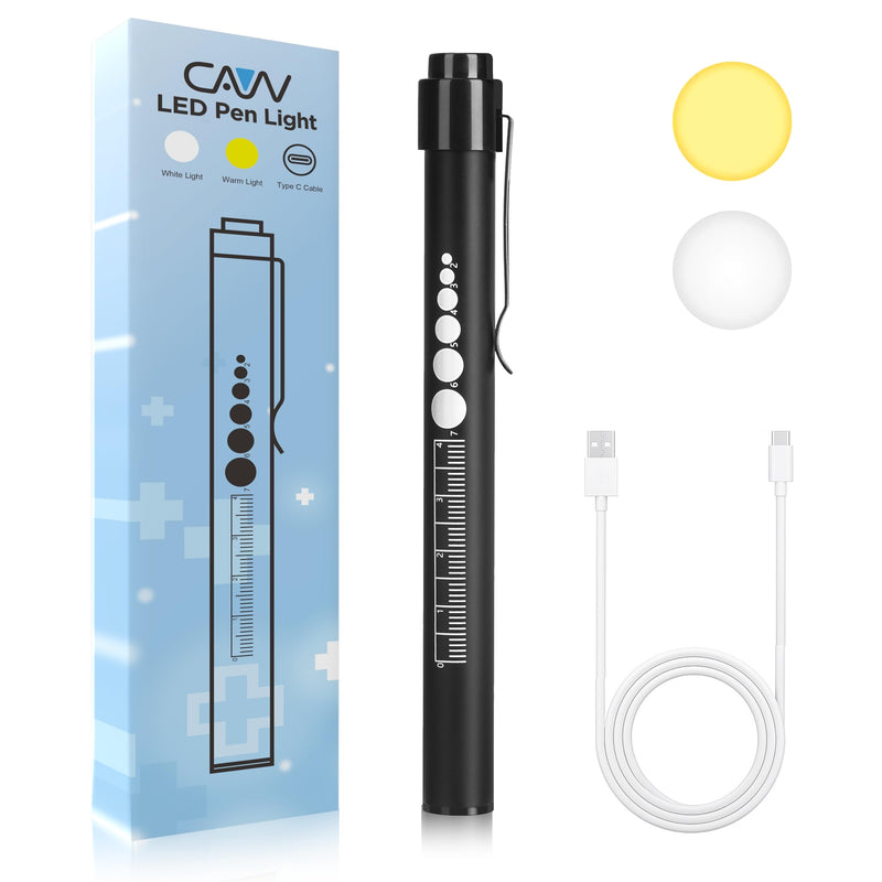 [Australia - AusPower] - CAVN Rechargeable Pen Light with Pupil Gauge LED Penlights for Nurses Doctors, Warm/White Light, USB Rechargeable Medical Penlight Gifts for Nurses Nursing Student (Black) Black 