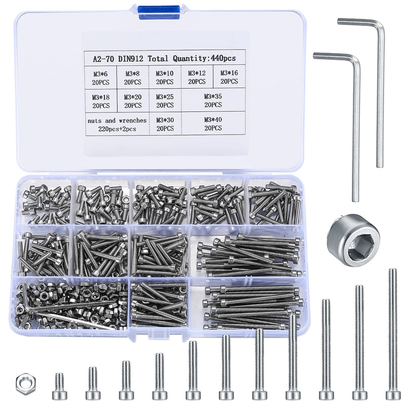 [Australia - AusPower] - 440 Pcs M3 Small Metric Screws with Nuts, Hex Socket Head Cap and Nut Assortment Kits, Stainless Steel Replacement Machine Fastener Screws and Bolts Nuts (440Silver) 440Silver 