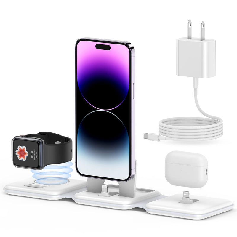 [Australia - AusPower] - 3 in 1 Charging Station for Apple Foldable, iWatch Travel Charger Stand for Multiple Devices, Folding Portable Fast Charge Dock for iPhone 14 Pro Max/13/12/11, Apple Watch 8/7/6/Ultra/SE/5, AirPods 3in1 Charger Station with Cable 