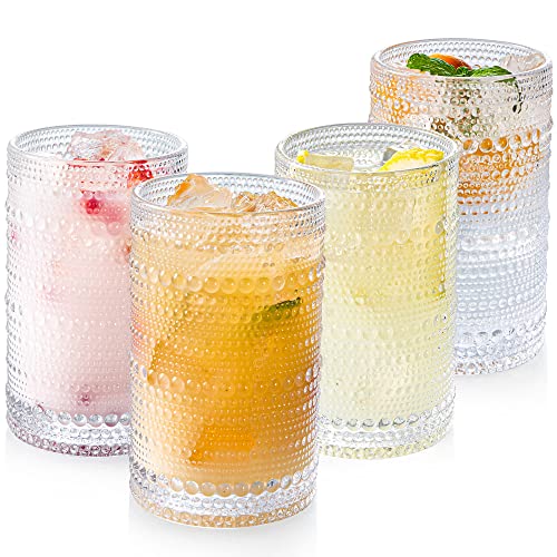 Hobnail Drinking Glasses Set of 4, Art Deco Vintage Glassware, 12 oz Tall Crystal Tumblers, Clear Embossed Glass Cups, Romantic Iced Beverage Glass, for Beer, Cocktail, Soda, Cappuccino