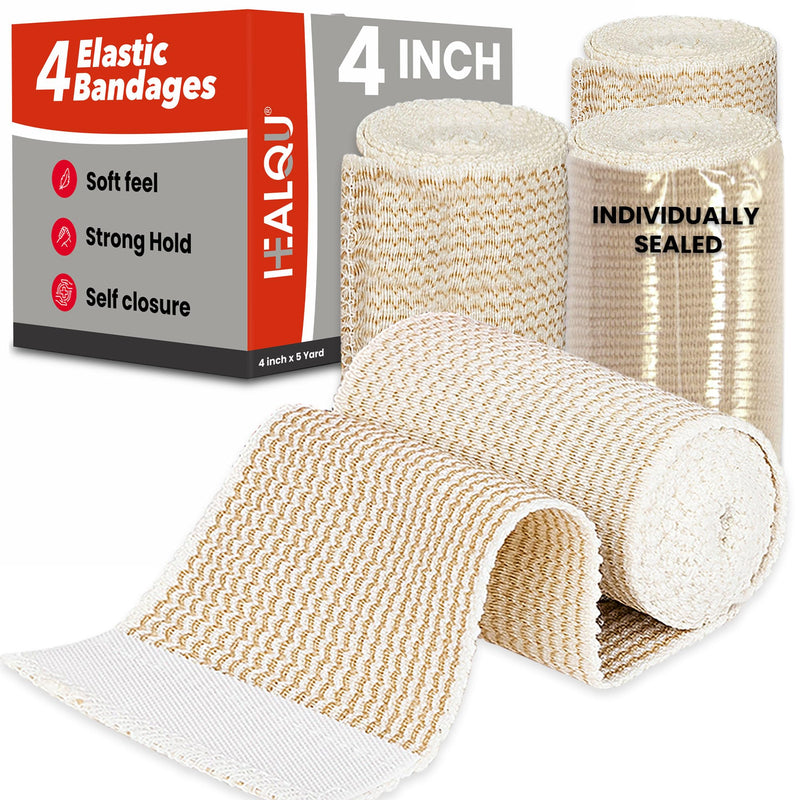 [Australia - AusPower] - HEALQU Premium Elastic Bandage - Self-Closure Compression Wrap for Legs, Knees, Ankles, Wrists, Elbows, Shoulders - 4 Inch by 5 Yards, Box of 4 Rolls Athletic Stretchable Bandage Wrap 4" Box of 4 