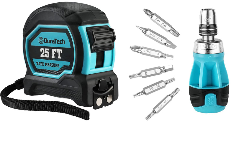[Australia - AusPower] - DURATECH Magnetic Tape Measure 25FT with Fractions 1/8, Retractable Measuring Tape with Stubby Ratcheting Screwdriver, 12-in-1 Multi-bit Short Screw Drivers, Innovated Bits Quick-Load Mechanism 