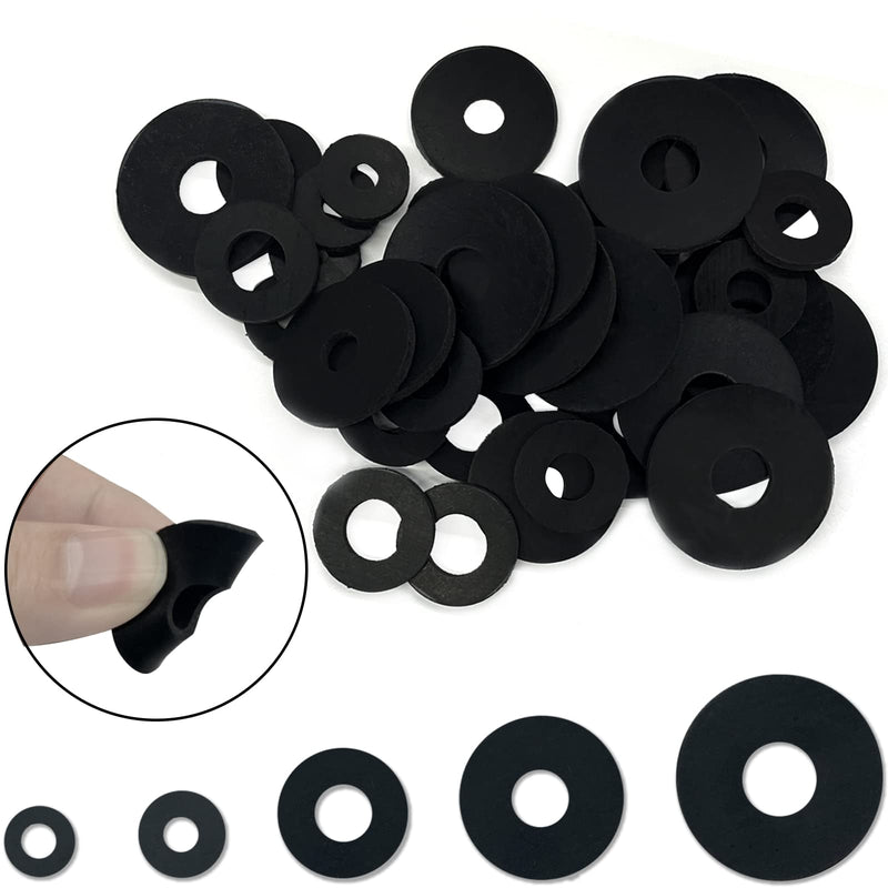 [Australia - AusPower] - 200 Pcs Flat Rubber Washers Assortment Kit: RonJea Black Rubber Flat Washer for Bolts/Faucets/Screws/Garden hose/Plumbing, Rubber Bushing Gasket kit (5 Sizes) 