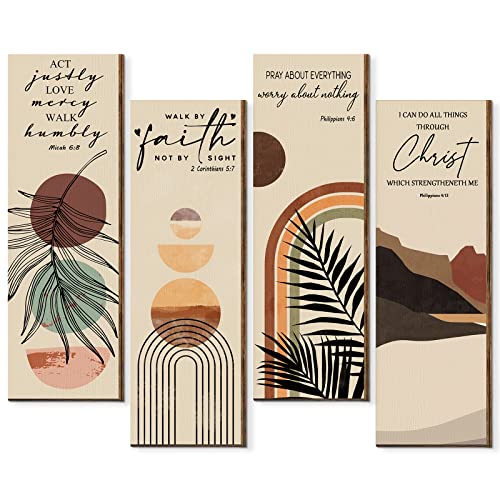 Queekay 4 Pcs Christian Wall Art Boho Decor Bible Verse Wall Decor Wooden Hanging Sign Inspirational Prayer Plaque Religious Motivational Sign for Bedroom Home Living Room, 15.7 x 5.1 Inch
