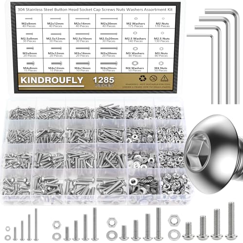 Kindroufly 1285-piece 304 stainless steel button head socket cap screws, nuts and washers assortment kit