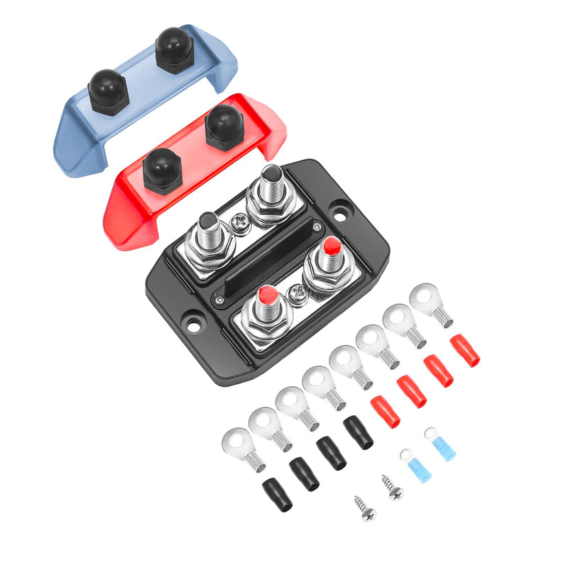 RECOIL Dual Row Busbar Positive and Negative 2 x 5/16” Studs 1 x #8 Screw Terminals Power and Ground Distribution Block with Ring Terminals Red & Black