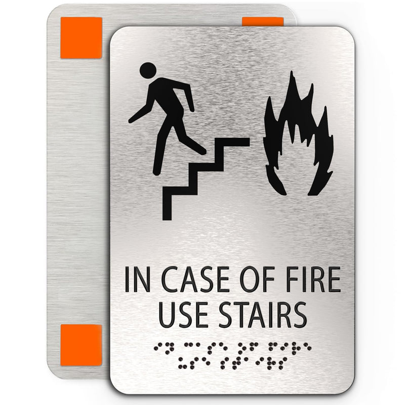 IN CASE OF FIRE Use Stairs sign , ADA Compliant, Man, Fire & Stair Symbols, Brushed Silver, Raised Black Text, Non Tactile Pictograms, Grade 2 Braille, 6"x9"