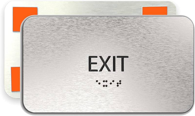 Exit Sign, Informational Business Sign, Aluminum Brushed Silver, 4" H x 7" W with Heavy Duty Double Sided Mounting Tape for Office, Business, retail, medical