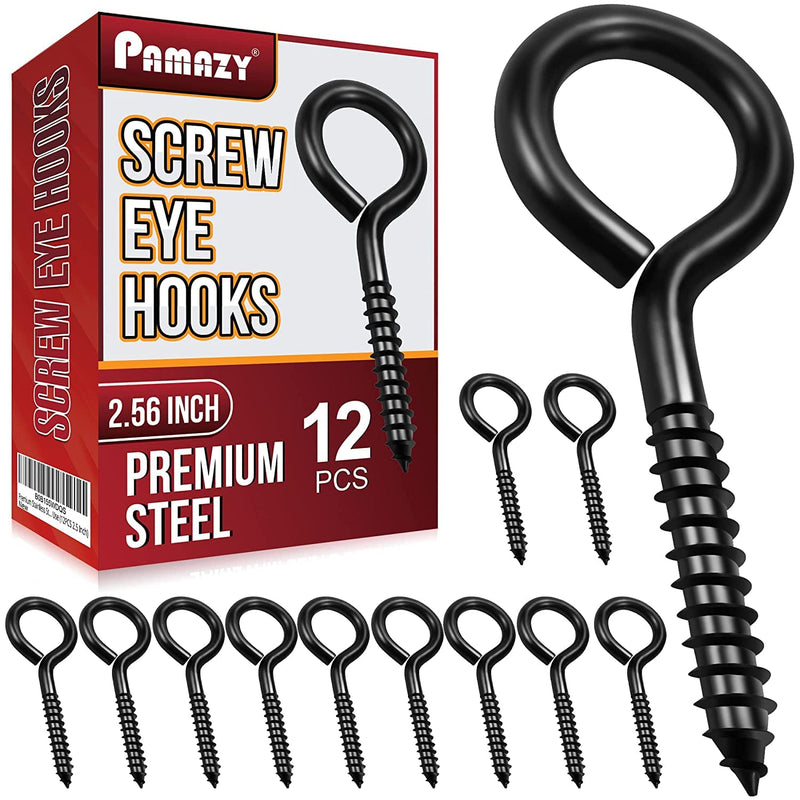 [Australia - AusPower] - 12Pcs Screw Eyes, 2.56 Inch Black Eye Hooks Screw Self Tapping Eye, Heavy Duty Eye Bolt for Wood Securing Cables Wire, Hammock Stand, Indoor & Outdoor Use 12Pcs 