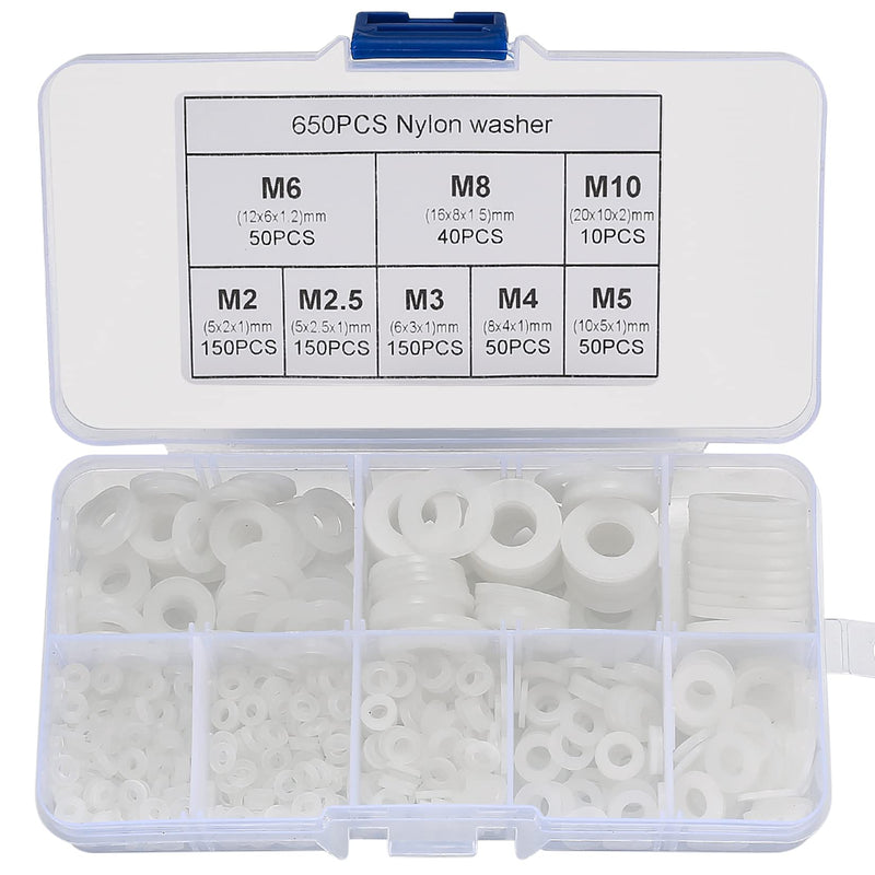 [Australia - AusPower] - YOUYIDUN-650 Pcs White Nylon Flat Washer Assortment Kit, Round Flat Nylon Washers for Household Commercial Appliances Electrical Connections, 5-20 mm, M2/M2.5/M3/M4/M5/M6/M8/M10 