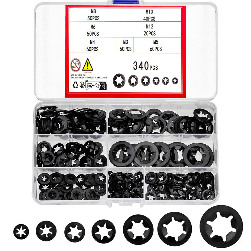[Australia - AusPower] - 340 Pcs Internal Tooth Starlock Locking Washers, Push On Speed Clips Fasteners Washers Assortment Kit, Quick Speed 65Mn Black Clips Lock Washers - M3, M4/M5/M6/M8/M10/M12 