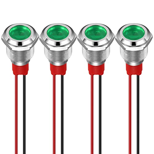 GUUZI 12mm LED Indicator Light 12-24V Waterproof Signal Light Metal Plate LED Indicator Signal Light Plate Mount Flat Head with Wires Silver Housing (Green, 4 Pack) Green