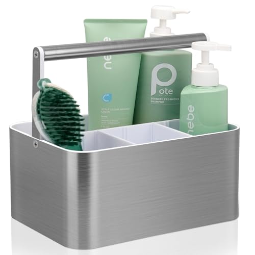 BYUNER Plastic Shower Caddy Dorm - Portable Bathroom Caddy Organizer with Handle and Divider for College Dorm & Shared Bathroom, Hard Shower Tote for Toiletry, Brushed Nickel White Silver / White