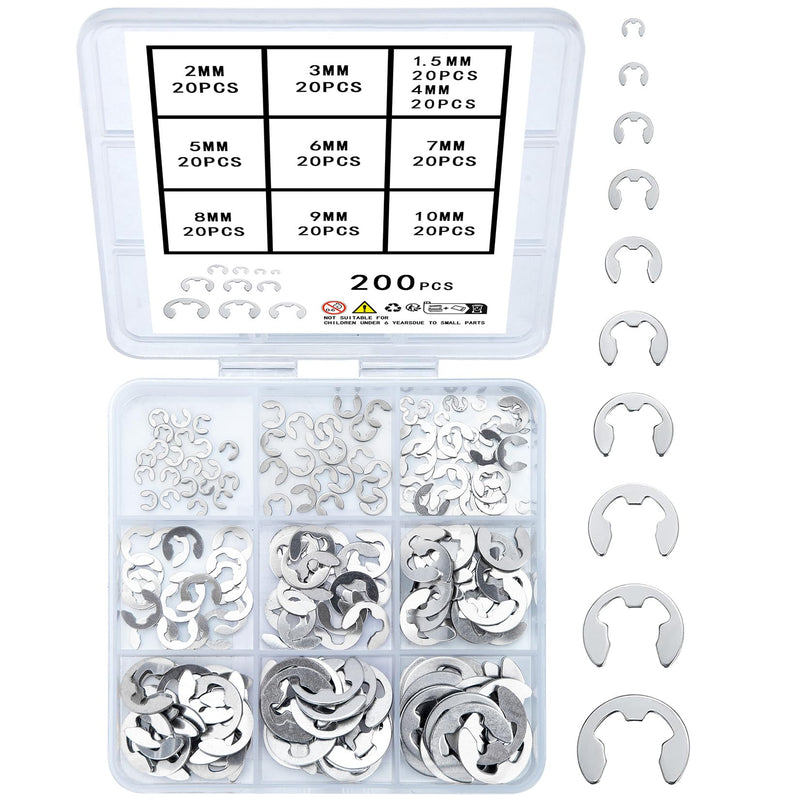 [Australia - AusPower] - 200 Pcs E-Clip Circlip External Retaining Rings, Stainless Steel E-Clips Assortment Kit, 10 Sizes External Circlip Snap Rings Retaining Clips Set - M1.5/M2/M3/M4/M5/M6/M7/M8/M9/M10 