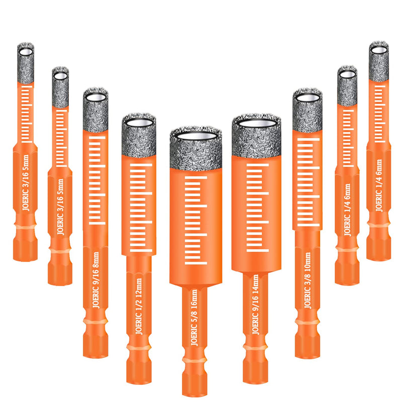 9 PCS Orange Dry Diamond Drill Bits Set, Hex Shank Diamond Hole Saw Kit with Storage Bottle, for Granite Marble Tile Ceramic Stone Glass Hard Materials (Not for Wood) with Size 3/16'' to 5/8''