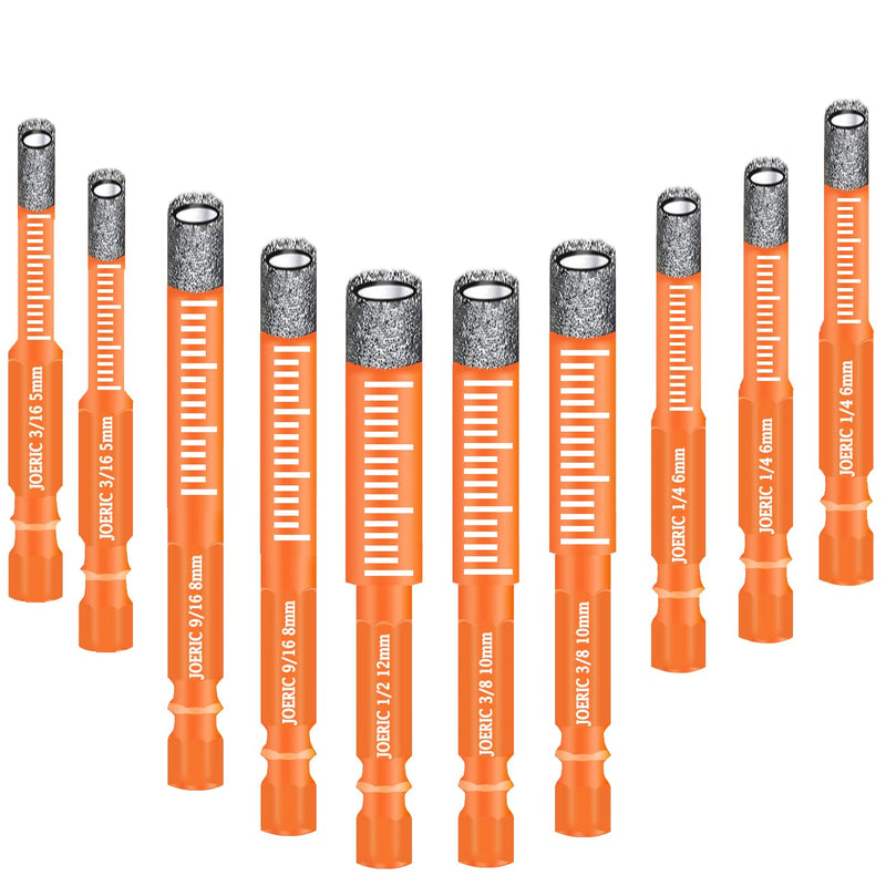 10 PCS Orange Dry Diamond Drill Bits Set, Hex Shank Diamond Hole Saw Kit with Storage Bottle, for Granite Marble Tile Ceramic Stone Glass Hard Materials (Not for Wood) with Size 3/16'' to 1/2''