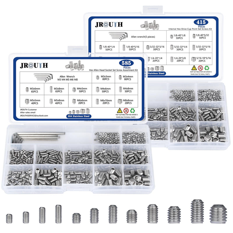 [Australia - AusPower] - 1000pcs Metric + SAE Set Screw Assortment Kit, Internal Hex Drive Cup-Point Allen Screws Set 304 Stainless Steel Grub Screw (M3-M8, 1/8""-40 to 5/16""-18) Silver Set Screws 1000PCS 