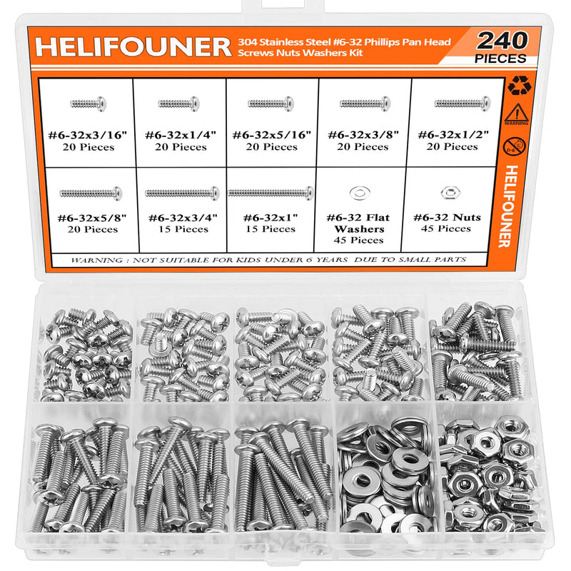 [Australia - AusPower] - 240 Pieces #6-32 Phillips Pan Head Machine Screws Nuts Washers Assortment Kit, Coarse Thread, Fully Machine Threaded, 304 Stainless Steel 