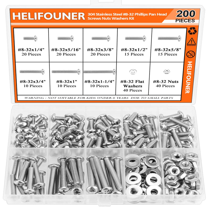 [Australia - AusPower] - 200 Pieces #8-32 Phillips Pan Head Machine Screws Nuts Washers Assortment Kit, Coarse Thread, Fully Machine Threaded, 304 Stainless Steel 