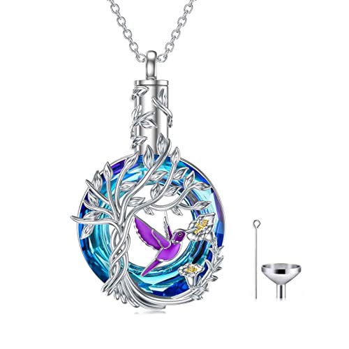 TOUPOP Owl/Hummingbird Tree of Life Necklace Sterling Silver Crystal Pendant Necklaces Jewelry Gifts for Women 4-Purple Hummingbird (Urn)