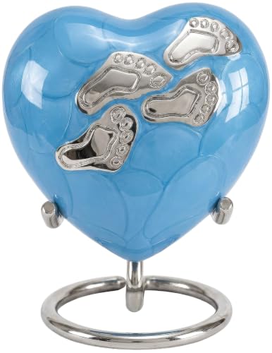 Baby Keepsake Urn for Ashes - Small Heart Memorial Urn for Baby Boy or Girl, Infant or Stillborn Baby - Holds a Small Portion of Ashes (3 Cu in) with Stand and Gift Box (Blue) Blue