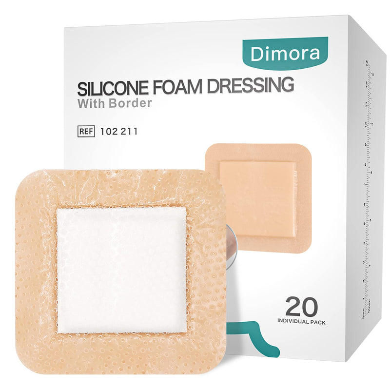[Australia - AusPower] - Dimora Silicone Foam Dressing with Border 20 Pack Adhesive 4"x4" Waterproof Wound Dressing Bandage for Wound Care 4"x 4" 