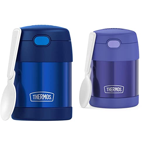 THERMOS FUNTAINER 10 Ounce Stainless Steel Vacuum Insulated Kids Food Jar Bundle with Folding Spoons, Navy and Purple