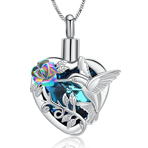 Yinplsmemory Hummingbird Cremation Jewelry Crystal Heart Urn Ashes Necklace for Women Men Memorial Keepsake Necklace of Loved One Blue-Rainbow