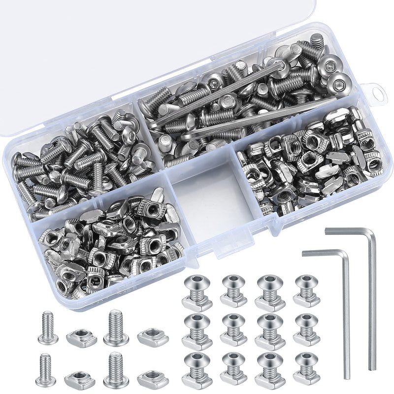 200 Pcs M4 M5 2020 Series T Nuts, Including 100 Pcs Hex Socket Head Screws, T Slot Nut Hammer Head Fastener Nuts, for 20 Series Aluminum Profile, with 2 Pcs M4 M5 Wrench