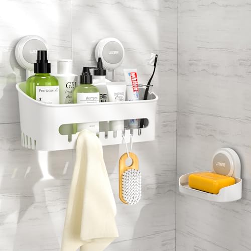 LUXEAR Shower Caddy Suction Cup 2 Pack Suction Shower Basket + Soap Dish Holder NO-Drilling Removable One Second Installation Shower Organizer Powerful Waterproof Bathroom Caddy Storage Large*1 Small*1