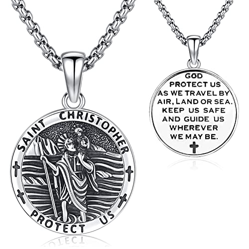 Aniu 925 Sterling Silver Saint Medal Necklace Religious Amulet Jewelry Gift Round - St Christopher Necklace - D