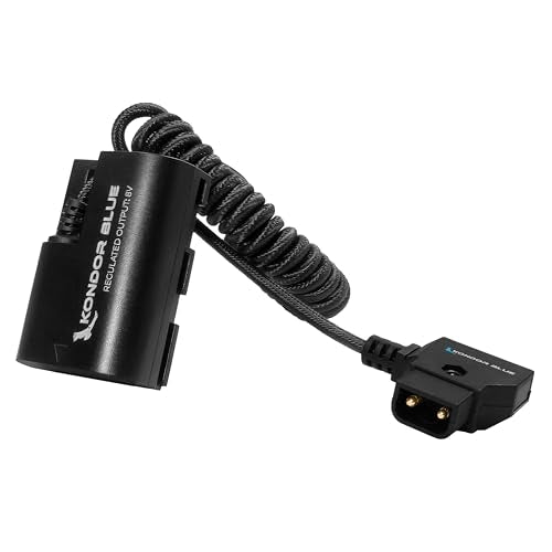 KONDOR BLUE | D-Tap Cable Compatible with Canon LPE6 NH Dummy Battery | 16"-36" Coiled Cable with Smart D-Tap Connector Reverse Polarity Protection | Raven Black 16"-36"