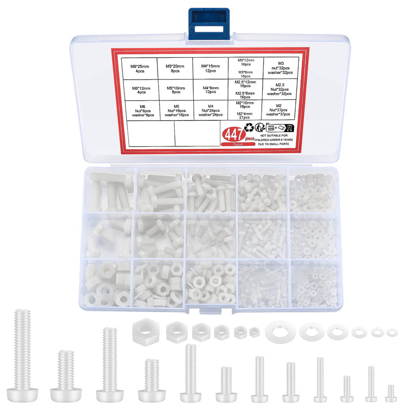 [Australia - AusPower] - 447 Pcs White Nylon Plastic Pan Round Head Screws Bolts and Nuts and Gaskets, Metric Full Threaded Hex Head Screws Bolts and Nuts and Washers Assortment Set - M2/M2.5/M3/M4/M5/M6 