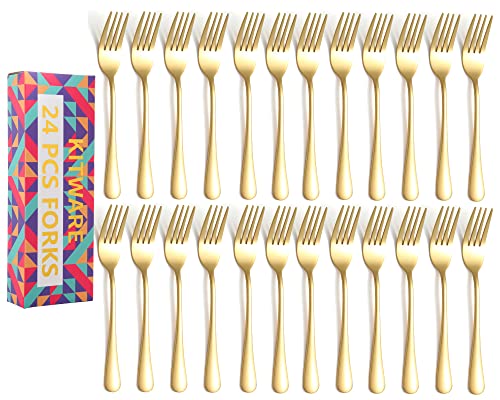 24 Piece Gold Silverware Forks, 8 Inch Metal Flatware, Mirror Polished, Food Grade Stainless Steel, Modern, Minimalist, Dishwasher Safe 24